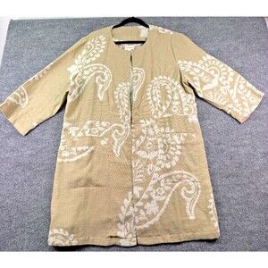 Chico’s 3 Linen Blend Open Front Jacket Beige White Paisley Long 3/4 Sleeve